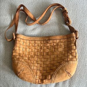 Lovita ribita from Japan leather Woven Tan Leather Shoulder Bag, logo, zipper